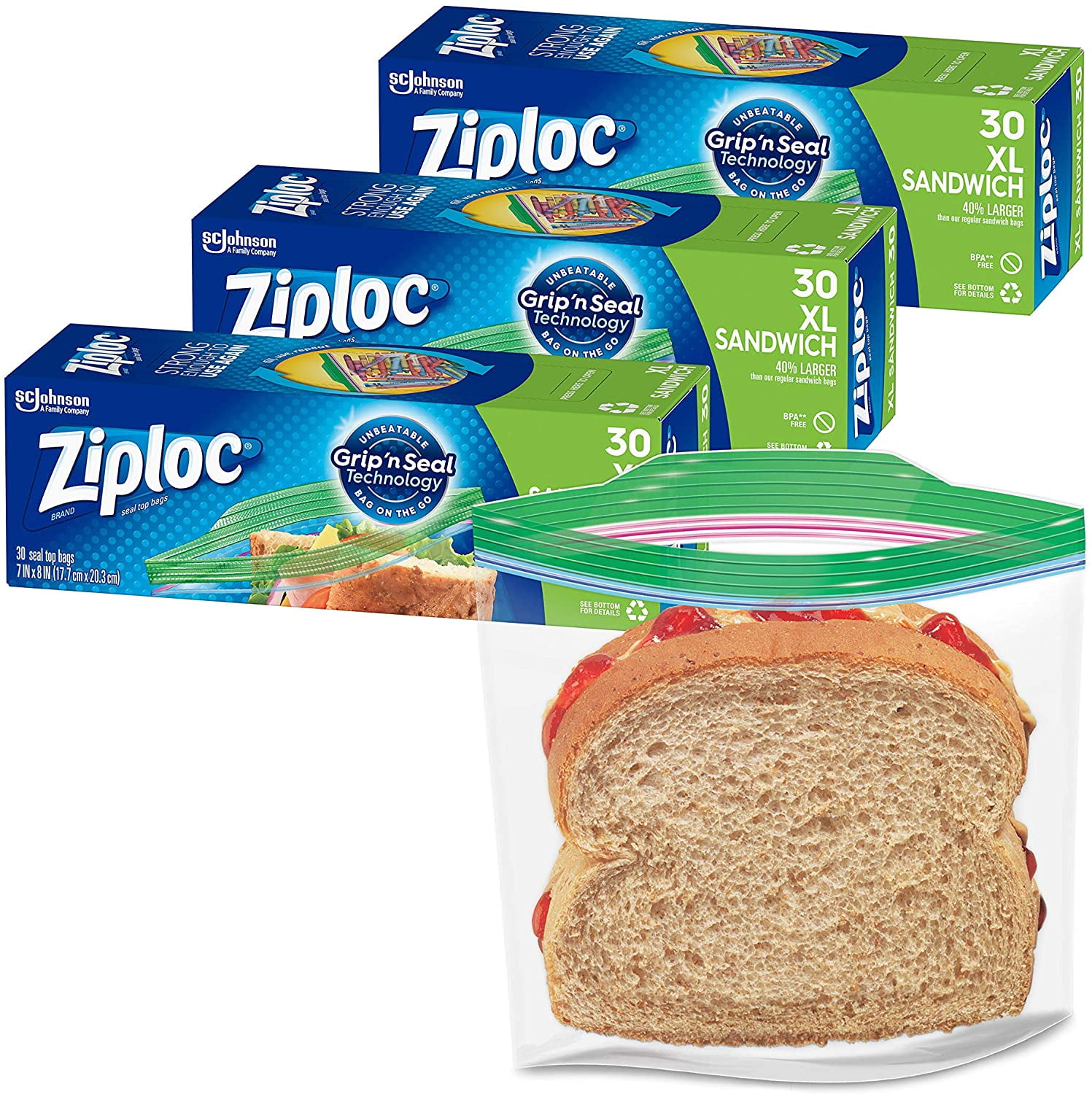 Ziploc XL Sandwich and Snack Bags, Storage Bags for On the Go Freshness, Grip 'n Seal Technology for Easier Grip, Open, and Close, 30 Count (Pack of 3)