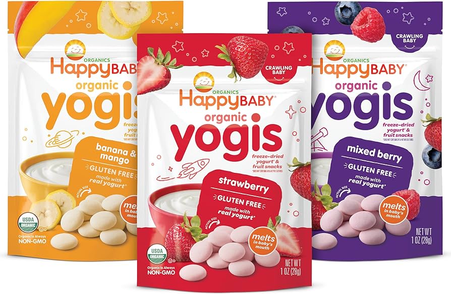 Happy Baby Organics Baby Snacks, Yogis, Freeze Dried Yogurt & Fruit Snacks, Gluten Free Snack for Babies 9+ Months, 3 Flavor Variety Pack, 1 Ounce (Total Pack of 3)