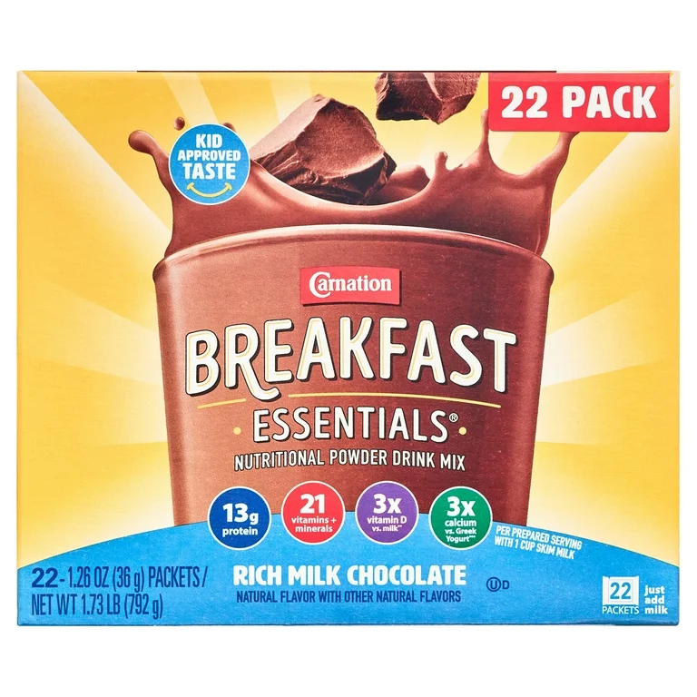 Carnation Breakfast Essentials Powder Drink Mix, Rich Milk Chocolate, 1.26 Ounce (Pack of 22)